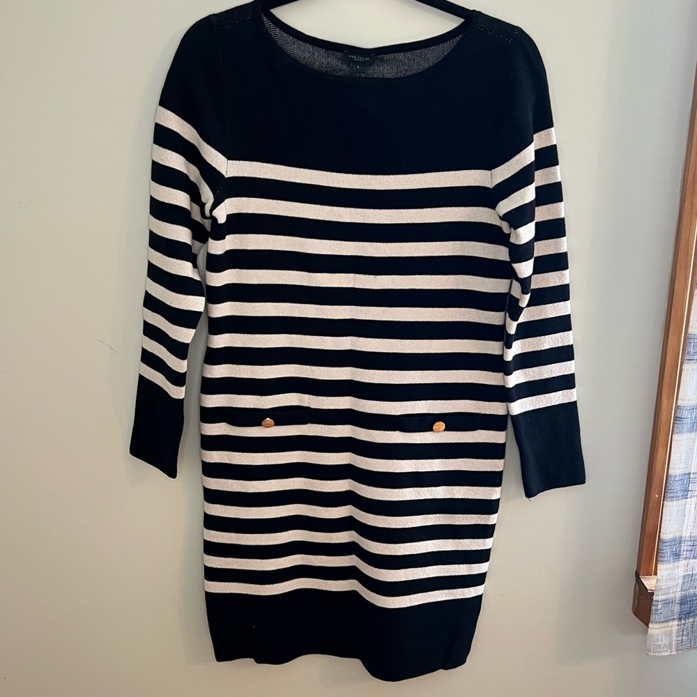 NWT ANN TAYLOR FACTORY Black & White Striped Thick Knit Dress Button Pockets S